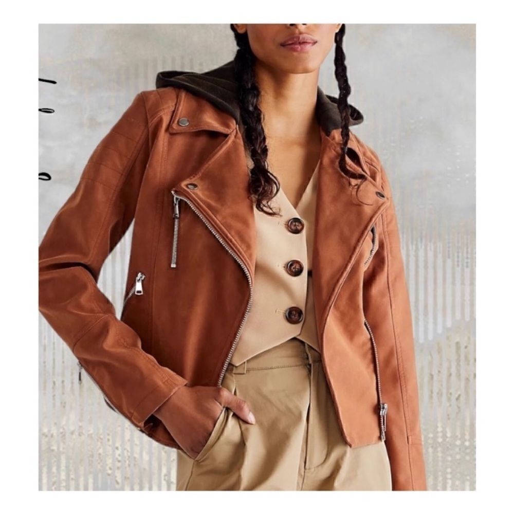 Free People We The Free Harriet Hooded Vegan Leather Moto Jacket Chocolate XS